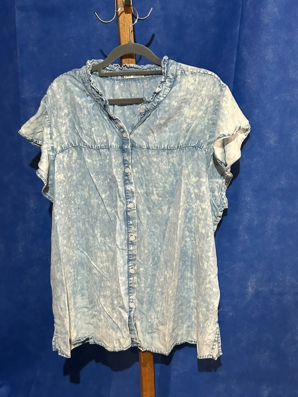 Dex Light Blue Acid-Wash Button Front Short Sleeve Top